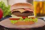  akky_(akimi1127) bacon blurry cheese commentary_request depth_of_field derivative_work drink food hamburger highres lettuce no_humans onion tomato 