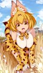  1girl :d all_fours animal_ears bare_shoulders blonde_hair blue_sky bow bowtie breasts clouds collarbone day elbow_gloves eyebrows_visible_through_hair gloves hanging_breasts highres kemono_friends large_breasts lips looking_at_viewer mountain open_mouth outdoors psychopath_idiot savannah serval_(kemono_friends) serval_ears serval_print serval_tail shirt skirt sky sleeveless smile solo tail thigh-highs yellow_eyes zettai_ryouiki 