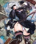  black_dress black_gloves black_legwear blindfold bokkusu boots dress feather-trimmed_sleeves gloves hairband highres leotard_under_clothes lying mole mole_under_mouth nier_(series) nier_automata on_back parted_lips planted_sword planted_weapon puddle puffy_sleeves rock short_hair silver_hair sword thigh-highs thigh_boots water weapon yorha_no._2_type_b 