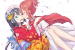  2girls blush cape carrying cheek_kiss closed_eyes flower green_eyes hair_flower hair_ornament hand_on_shoulder highres japanese_clothes kiss long_hair multiple_girls okutagon one_eye_closed open_mouth petals red_cape redhead ribbon teeth tougou_mimori white_ribbon yuri yuuki_yuuna yuuki_yuuna_wa_yuusha_de_aru yuusha_de_aru 