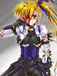  1girl armor bleeding blonde_hair blood blood_on_face bodysuit breasts broken_armor clenched_hand cowboy_shot cuts dasuto gloves hair_ribbon injury large_breasts light_blush long_hair looking_at_viewer lyrical_nanoha mahou_shoujo_lyrical_nanoha_vivid older red_eyes ribbon side_ponytail smirk solo torn_bodysuit torn_clothes torn_gloves torn_jacket under_boob very_long_hair vivio 