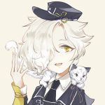  1boy animal animal_on_shoulder black_necktie freckles gokotai hair_over_one_eye hat looking_at_viewer male_focus military military_uniform necktie open_mouth simple_background solo tiger tiger_cub touken_ranbu uniform upper_body white_tiger yellow_eyes zrae 