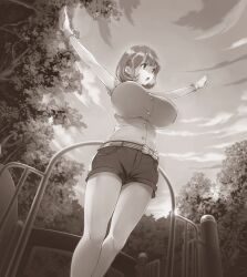  1girl :o arms_up belt belt_bow breasts brown_eyes brown_hair dutch_angle frilled_sleeves frills from_below game_cg gloves greyscale hair_ornament hairclip highres huge_breasts impossible_clothes monochrome narusawa_ryouka non-web_source occultic;nine official_art outdoors pako park science_adventure shirt short_hair short_shorts shorts sleeveless sleeveless_shirt solo standing striped_belt sunset thick_thighs thighs tree v-shaped_eyebrows white_gloves 