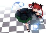  animal_ears bow braid cat_ears checkered dress enhance_heart extra_ears finger_to_mouth from_above ghost hair_bow hair_ribbon highres kaenbyou_rin leaning_forward paper_texture red_eyes red_hair ribbon rokuwata_tomoe short_hair skull solo touhou twin_braids twintails 