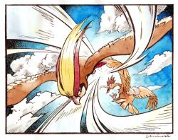  animal_focus bird blue_sky border closed_mouth clouds commentary_request day fearow flying highres no_humans open_mouth pidgeot pokemon pokemon_(creature) pokemon_focus signature sky uninori white_border wind 
