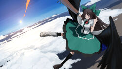  above_clouds absurdres arm_cannon asymmetrical_legwear black_socks black_wings bow brown_hair clouds explosion frilled_shirt frills green_bow green_skirt highres kaishin_(1317732685) long_hair projectile_trail reiuji_utsuho shirt skirt sky socks third_eye touhou weapon white_shirt wings 
