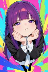  1girl ai-assisted blush close-up closed_mouth colorful feet fern_(sousou_no_frieren) highres long_hair moellmo pout purple_hair solo sousou_no_frieren violet_eyes 