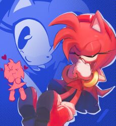  >_< 1girl amy_rose animal_nose blue_background bracelet closed_eyes color_contrast dress eyelashes furry furry_female gloves gold_bracelet headband heart hedgehog_girl highres jewelry open_mouth pink_fur praying purnya2 red_dress short_tail smile solo sonic_(series) tail 