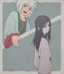  2boys black_eyes black_hair closed_mouth japanese_clothes jiraiya_(naruto) kimono long_hair long_sleeves makidsume male_focus multiple_boys naruto_(classic) naruto_(series) orochimaru_(naruto) pale_skin short_hair slit_pupils spiky_hair white_hair white_kimono yellow_eyes 
