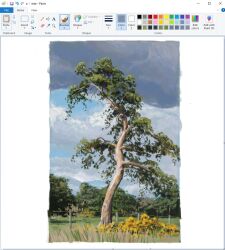  art_program_in_frame border christianyounga clouds cloudy_sky dark_cloud flower forest grass landscape microsoft_paint_(medium) microsoft_paint_(software) mountainous_horizon nature no_humans original outdoors painterly pile scenery sky tree white_border wire_fence 