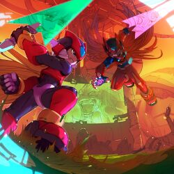  2boys absurdres android armor blonde_hair ciel_(mega_man) dr._weil_(mega_man) energy_sword forehead_jewel glowing glowing_eyes helmet highres holding holding_sword holding_weapon long_hair mega_man_(series) mega_man_zero_(series) multiple_boys omega_(mega_man) red_armor sword watashi_wa_dink weapon z_saber zero(z)_(mega_man) zero_(mega_man) 