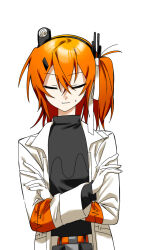  1girl a.i._voice adachi_rei black_shirt closed_eyes closed_mouth crossed_arms facing_viewer gloves highres hirune_(suiminbusoku118) jacket long_sleeves medium_hair one_side_up open_clothes open_jacket orange_hair shirt simple_background solo upper_body utau white_background white_gloves white_jacket 