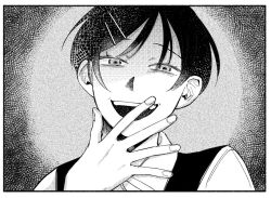  1girl :d collared_shirt commentary covering_own_mouth crazy_eyes crazy_smile futsuu_no_keion-bu greyscale hair_ornament hairpin hand_up kouyama_rin monochrome pixie_cut rindou_(rnd7120) shaded_face shirt short_hair smile solo sweater_vest teeth upper_teeth_only 