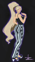  1girl absurdly_long_hair absurdres armlet ass az_artorius bare_shoulders bell-bottoms black_shirt blonde_hair bracelet forbidden_pants high_heels high_ponytail highres hilda_(under_night_in-birth) jewelry long_hair looking_at_viewer multicolored_pants pants ponytail print_pants purple_lips purple_nails shirt smile solo under_night_in-birth very_long_hair 