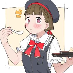  1girl :t apron beret black_apron black_hat blush bow bowtie braid breast_pocket brown_hair center-flap_bangs chinese_spoon collared_shirt commentary eating food food_on_face fried_rice frilled_shirt_collar frilled_sleeves frills hachiban_ramen hachiban_ramen_uniform hair_ribbon hashtag-only_commentary hat highres holding holding_spoon holding_tray kachimachi_kosuzu link!_like!_love_live! liz_(piyoko_piyop) looking_at_viewer love_live! low_twintails notice_lines pink_eyes pocket puffy_short_sleeves puffy_sleeves red_bow red_bowtie red_ribbon ribbon shirt short_sleeves side_braids solo spoon sweatdrop tray twintails upper_body v-shaped_eyebrows virtual_youtuber white_shirt yellow_background 