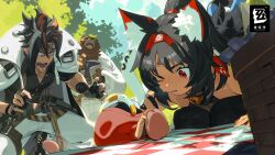  1girl 2boys animal_ears anton_ivanov bad_link bare_shoulders bell ben_bigger black_hair black_shirt black_thighhighs book cat_ears cat_girl cat_tail copyright_logo dark-skinned_female dark_skin egg fingerless_gloves flustered gloves headband highres holding holding_book holding_egg holding_pen jacket kneeling multicolored_hair multiple_boys nekomiya_mana official_art one_eye_closed open_book open_mouth outdoors pen red_eyes shirt tail teeth thigh-highs white_jacket zenless_zone_zero 