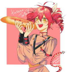  +_+ 1girl ahoge baguette belt black_belt black_sleeve_cuffs border bow bread buttons character_name double-breasted drill_hair eating fangs fingernails flat_chest food food_on_face grey_jacket grey_skirt hair_between_eyes hair_bow hands_up highres hirune_(suiminbusoku118) jacket kasane_teto kasane_teto_(sv) layered_sleeves long_sleeves looking_at_food midriff_peek open_mouth outside_border red_background red_bow red_hair red_nails red_trim shoulder_belt shoulder_boards skirt solo striped_clothes striped_jacket synthesizer_v teeth twin_drills twintails upper_body upper_teeth_only utau white_border white_bow 