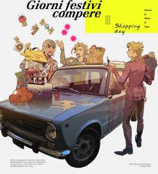  3boys 6+others alcohol argyle_clothes argyle_hat bag beer beer_bottle beer_can blonde_hair braid braided_ponytail bullet can candy car character_name copyright_name doughnut drink_can fiat food food_wrapper giorno_giovanna guido_mista hair_over_one_eye highres italian_text jacket jojo_no_kimyou_na_bouken key looking_at_another male_focus motor_vehicle multiple_boys multiple_others pannacotta_fugo pants paper_bag pink_jacket purple_pants sex_pistols_(stand) shishio_(shishio5431) shopping_bag single_braid spinning stand_(jojo) tomato torn_clothes vegetable vehicle_request vento_aureo wavy_mouth wrapped_candy 