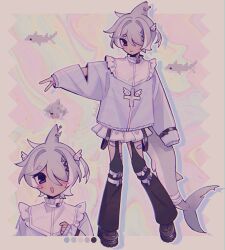  bandaid bandaid_on_leg blush_stickers feebii fins fish_tail hair_ornament hairclip highres long_sleeves original pixel_art shark shark_fin shark_girl shark_tail skirt sleeves_past_fingers sleeves_past_wrists smile standing tail tenshi_kaiwai v wing_hair_ornament 