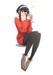  1girl black_hair black_pantyhose blush boots brown_boots commentary cup dress drinking_glass drunk earrings eitopondo full_body hairband highres holding holding_cup jewelry long_sleeves looking_at_viewer off-shoulder_sweater off_shoulder open_mouth pantyhose red_eyes red_sweater sidelocks simple_background sitting solo spy_x_family sweater sweater_dress white_background white_hairband wine_glass yor_briar 