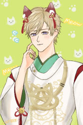  1boy animal_background animal_ear_fluff animal_ears aqua_kimono bell blonde_hair cat cat_ears closed_mouth commentary_request detached_sleeves fake_animal_ears floral_print flower_knot flying_sweatdrops furrowed_brow gold_necklace green_background hair_bell hair_between_eyes hair_ornament hair_ribbon japanese_clothes jewelry kariginu kimono kohanai_setsuna light_blush lips loen_(shining_nikki) long_sleeves looking_ahead male_focus messy_hair necklace nikki_(series) nostrils official_alternate_costume paw_print paw_print_background pointy_nose red_ribbon ribbon scratching_cheek shining_nikki short_hair shy signature solo sweatdrop tassel tassel_hair_ornament upper_body violet_eyes white_sleeves wide_sleeves 