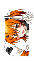  1girl a.i._voice adachi_rei blush_stickers fourth_wall gloves highres hirune_(suiminbusoku118) long_sleeves looking_at_viewer one_side_up open_mouth orange_eyes orange_hair sideways solo through_medium utau white_background white_gloves 