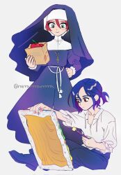  1boy 1girl amate_yuzuriha apple aqua_eyes black_dress black_veil blue_hair canvas_(object) coif colored_inner_hair cross cross_necklace dress food fruit full_body gundam gundam_gquuuuuux highres holding holding_food holding_fruit holding_paintbrush jewelry latin_cross long_sleeves multicolored_hair necklace nun on_ground paintbrush painting_(action) pants ponytail purple_hair rarrarrrarrrra red_eyes red_hair shirt shoes short_hair shuji_ito simple_background sitting smile standing traditional_nun two-tone_hair veil white_background white_shirt 