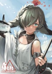  1girl absurdres anniversary arknights armlet blue_eyes blue_sky closed_mouth flower flower_on_head hair_over_one_eye highres jewelry laurel_crown looking_at_viewer pallas_(arknights) petals short_hair sky solo tetuhebi upper_body 