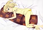 absurdres ahoge barefoot bed blonde_hair blush body_pillow checkered fate/stay_night fate_(series) green_eyes hair_down highres kuwana_ikuo on_bed pajamas pillow pillow_hug saber scan solo 