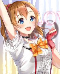  1girl arm_up blue_eyes bokura_wa_ima_no_naka_de colorful_background commentary_request copyright_name fingerless_gloves gloves gradient_background hair_ornament hair_scrunchie highres kosaka_honoka looking_at_viewer love_live! open_mouth orange_hair orange_ribbon pink_background red_gloves red_scrunchie ribbon scrunchie shirt short_sleeves side_ponytail smile solo white_shirt yellow_background yoshinone 