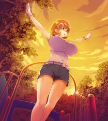  1girl :o arms_up belt belt_bow breasts brown_eyes brown_hair dutch_angle frilled_sleeves frills from_below game_cg gloves hair_ornament hairclip highres huge_breasts impossible_clothes narusawa_ryouka non-web_source occultic;nine official_art orange_sky outdoors pako park pink_shirt science_adventure shirt short_hair short_shorts shorts sky sleeveless sleeveless_shirt solo standing striped_belt sunset thick_thighs thighs tree v-shaped_eyebrows white_gloves 