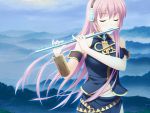  closed_eyes detached_sleeves flute headset highres hinata_nao instrument long_hair megurine_luka midriff mountain navel pink_hair very_long_hair vocaloid 