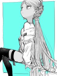  1girl bindi black_thighhighs breasts coat earrings green_eyes heaven_burns_red highres indian jewelry kulfiq long_hair monochrome partially_colored solo thigh-highs triangle_earrings twintails vritika_balakrishnan white_coat 