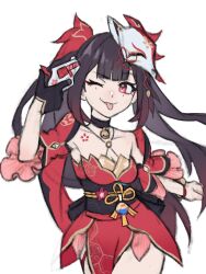 1girl absurdres bell_collar black_gloves breasts brown_hair choker collarbone commentary fox_mask gloves grimmelsdathird gun gun_to_head highres holding_gun holding_weapon honkai:_star_rail honkai_(series) jingle_bell long_hair mask mask_on_head one_eye_closed red_dress red_eyes single_glove solo sparkle_(honkai:_star_rail) tattoo tongue tongue_out twintails wink