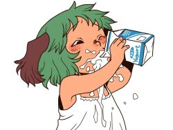  1girl animal_ears blush commentary_request dog_ears dog_girl dress failure floppy_ears green_hair holding holding_milk_carton kasodani_kyouko milk_carton onikobe_rin short_hair simple_background solo spilling sundress touhou upper_body white_background white_dress yogurt 