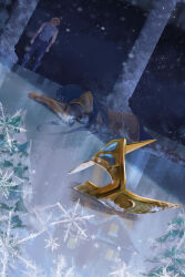  2boys after_battle aquarius_camus blonde_hair blue_hair blue_tank_top closed_eyes corpse crying cygnus_hyouga death different_reflection frown gold_helmet helmet highres house ice long_hair multiple_boys night night_sky on_ground pillar pine_tree reflection saint_seiya sky snowflakes snowing tank_top tree unworn_headwear unworn_helmet zishiyao 