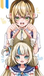  2girls absurdres animal_ear_fluff animal_ears blonde_hair blue_eyes blue_hair blue_overalls cat_ears dooby_(vtuber) dress green_eyes gummy_candy_93 highres indie_virtual_youtuber lifebuoy_hair_ornament looking_at_viewer low_twintails multicolored_hair multiple_girls open_mouth overalls sameko_saba shirt short_hair sleeveless sleeveless_dress smile solo streaked_hair teeth twintails upper_teeth_only virtual_youtuber white_dress white_shirt 