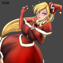  android armor axasempai berkana_(mega_man) blonde_hair blue_eyes blush breastplate breasts capcom capelet chest_jewel christmas_ornaments christmas_sweater dress elbow_gloves fingerless_gloves fur-trimmed_capelet fur_trim gloves green_ribbon grey_background hair_between_eyes hair_over_shoulder hair_ribbon hat headphones jeweled_hat joints large_breasts long_hair looking_to_the_side makeup mega_man_(series) mega_man_x_(series) mega_man_xtreme_2 miniskirt red_skirt ribbon robot robot_girl robot_joints santa_hat shoulder_spikes sidelocks simple_background skirt smile spikes underbust witch 