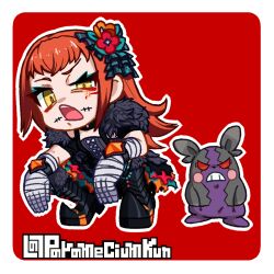  1girl 1other aqua_eyeshadow bandaged_arm bandaged_hand bandages eyeliner eyeshadow facial_mark fire_emblem fire_emblem_engage fur_sleeves makeup morpeko morpeko_(hangry) orange_hair panette_(fire_emblem) parameciumkun pokemon pokemon_(creature) red_eyeliner short_bangs solo stitched_mouth stitches 