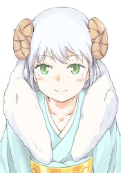  1girl blue_kimono chinese_zodiac closed_mouth collarbone commentary fur-trimmed_kimono fur_trim green_eyes grey_hair horns index_(toaru_majutsu_no_index) japanese_clothes kimono light_blush looking_at_viewer medium_hair obi official_style sash sheep_girl sheep_horns simple_background smile solo toaru_majutsu_no_index upper_body white_background yakutashi year_of_the_goat yellow_sash yukata 