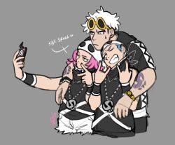  1girl 2boys arm_around_shoulder arm_tattoo bandana bandana_around_neck black_bandana black_shorts black_tank_top blue_eyes blue_hair cellphone english_text eyewear_on_head fang grin guzma_(pokemon) hands_up hat highres holding holding_phone hood hooded_jacket jacket jewelry light_frown medium_hair multiple_boys necklace newsboy_cap o3o one_eye_closed outstretched_arm phone pink_eyes pink_hair pokemon pokemon_sm riodrawsstuff rotom rotom_phone selfie shaka_sign shorts skull-shaped_hat skull_necklace smartphone smile speech_bubble sunglasses sweatdrop taking_picture tank_top tattoo team_skull team_skull_grunt team_skull_uniform undercut v watch watch white_shorts wristband yellow-framed_eyewear 