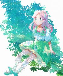  1girl aqua_shoes bug butterfly dappled_sunlight flower green_eyes green_skirt hair_flower hair_intakes hair_ornament hairband hanami_kotoha highres itomugi-kun kneehighs long_hair mahou_girls_precure! parted_lips pink_hair precure shirt shoes short_sleeves sitting skirt soaking_feet socks solo sunlight white_background white_flower white_shirt white_socks 