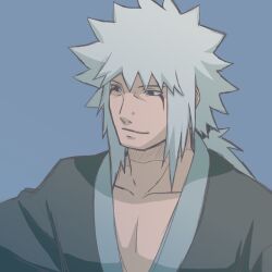  1boy black_eyes black_kimono blue_background closed_mouth japanese_clothes jiraiya_(naruto) kimono long_hair makidsume male_focus naruto_(classic) naruto_(series) simple_background smile solo spiky_hair upper_body white_hair 