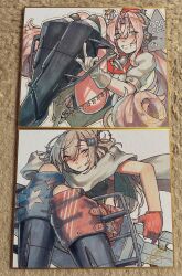  2girls black_boots black_one-piece_swimsuit blue_eyes boots brown_hair closed_mouth competition_swimsuit drum_(kancolle) fingerless_gloves garrison_cap gloves hair_ornament hat headgear highres jacket kantai_collection long_hair looking_at_viewer mechanical_boots military_hat multiple_girls one-piece_swimsuit open_mouth pink_hair red_gloves red_hat sadakuma scarf shikishi star_(symbol) star_hair_ornament swimsuit teeth traditional_media twintails wahoo_(kancolle) white_gloves white_jacket white_scarf yellow_eyes 