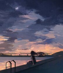  1girl black_pants black_shirt brown_hair chain-link_fence clouds cloudy_sky commentary dusk fence floating_hair from_behind hands_on_floor iron_fence long_hair looking_afar moon omutatsu on_floor original outdoors pants pool pool_ladder poolside scenery shirt short_sleeves sky solo star_(sky) starry_sky water wooden_floor 
