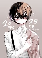  1boy black_eyes black_hair blush closed_mouth cowboy_shot crow's_eye_view_(e.g.o) e.g.o_(project_moon) grey_background highres light_smile limbus_company looking_at_viewer male_focus pmchell_04 project_moon shirt simple_background sketch suspenders unfinished white_shirt yi_sang_(project_moon) 