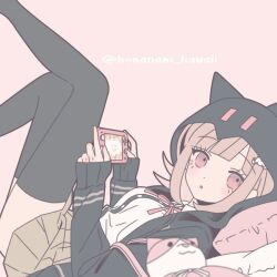  1girl :o animal_bag black_jacket black_thighhighs brown_hair brown_skirt cat_bag danganronpa_(series) danganronpa_2:_goodbye_despair dress_shirt from_side galaga hood hood_up hooded_jacket jacket komanami_kawaii leg_up medium_hair nanami_chiaki neck_ribbon pillow pink_bag pink_eyes pleated_skirt ribbon shirt skirt solo spaceship_hair_ornament thigh-highs two-tone_shirt white_shirt 