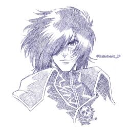  1boy eyepatch harlock harlock_saga medium_hair monochrome pirate portrait rakshasa_(artist) scar simple_background skull_and_crossbones smile twitter_username uchuu_kaizoku_captain_harlock white_background 