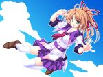  77 brown_hair cloud green_eyes highres hoshiba_sora long_hair open_mouth ponytail sky tenmaso thighhighs wallpaper 