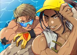  2boys arm_up baseball_cap black_hat blonde_hair blue-tinted_eyewear blue_eyes brown_eyes collarbone commentary crossed_arms dark-skinned_male dark_skin gloves hat jamie_siu lower_teeth_only luke_sullivan male_focus multiple_boys muscular muscular_male neo_barani official_alternate_costume open_clothes open_mouth open_shirt partially_submerged pectorals ponytail sanpaku scar scar_across_eye scar_on_cheek scar_on_face shirt shoulder_tattoo sleeveless sleeveless_shirt smile star_(symbol) street_fighter street_fighter_6 sunglasses tattoo teeth tinted_eyewear veins veiny_arms water white_shirt yellow_hat 